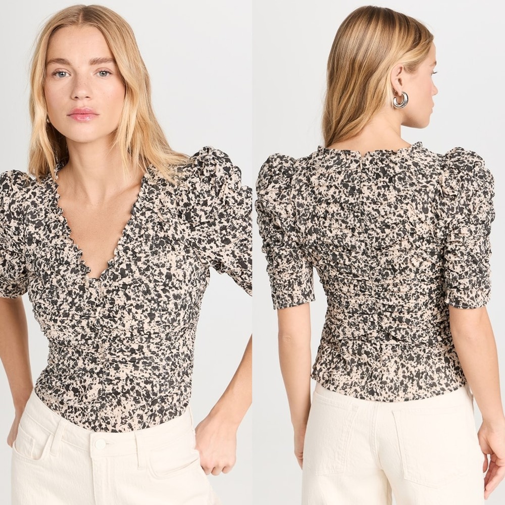 Sea New York Womens Gia Print Ruched Top Size 0 Puff Sleeve Black Tan V Neck
